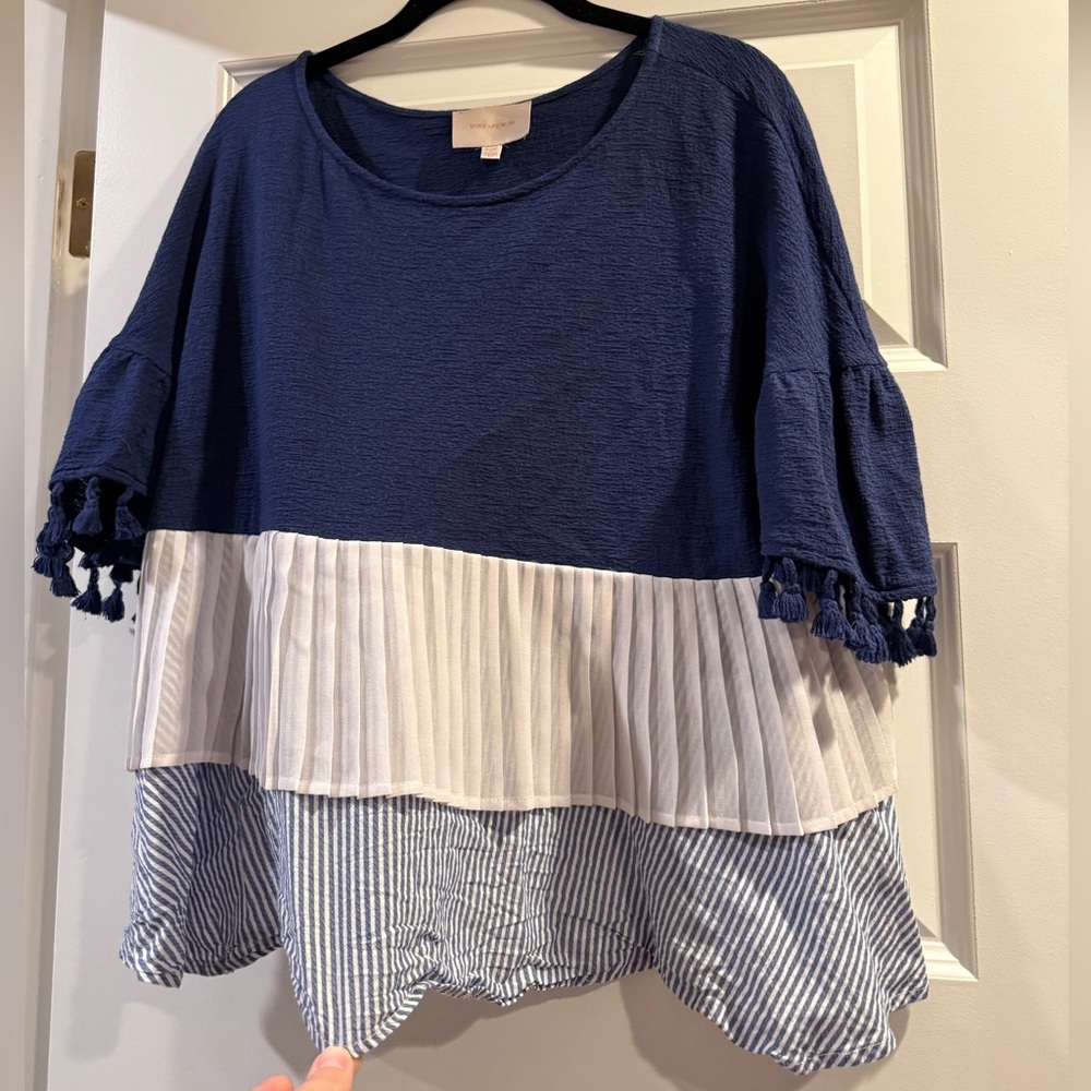 Skies Are Blue Navy and White Striped Tiered Tassel Top - Size Medium